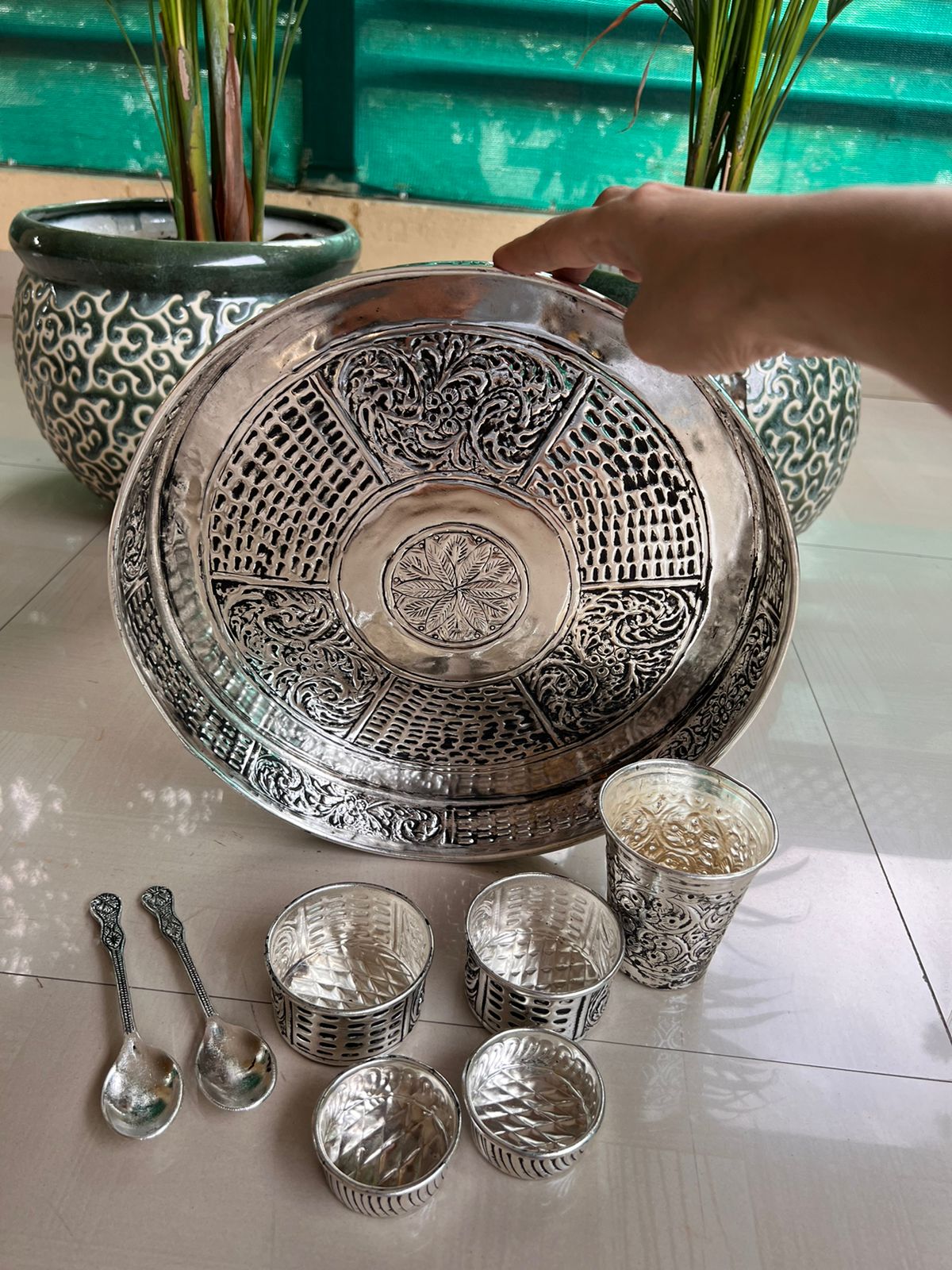 german silver antique finish DINNER SET/BHOG THAAL/ pooja thali set for diwali / housewarming pooja